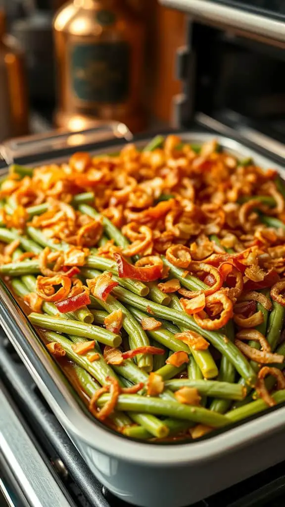 A delicious oven-baked green bean casserole topped with crispy fried onions.