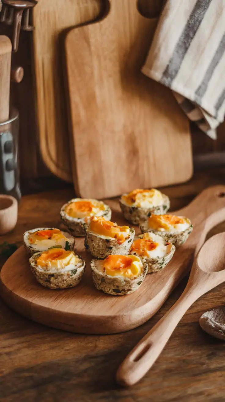 Oven-baked egg white bites with turkey sausage and bell peppers on a wooden platter.