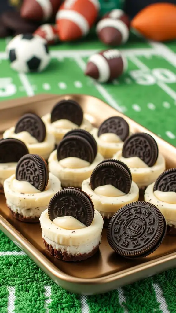 A plate of Oreo cheesecake bites decorated for a football party, with a football in the background.