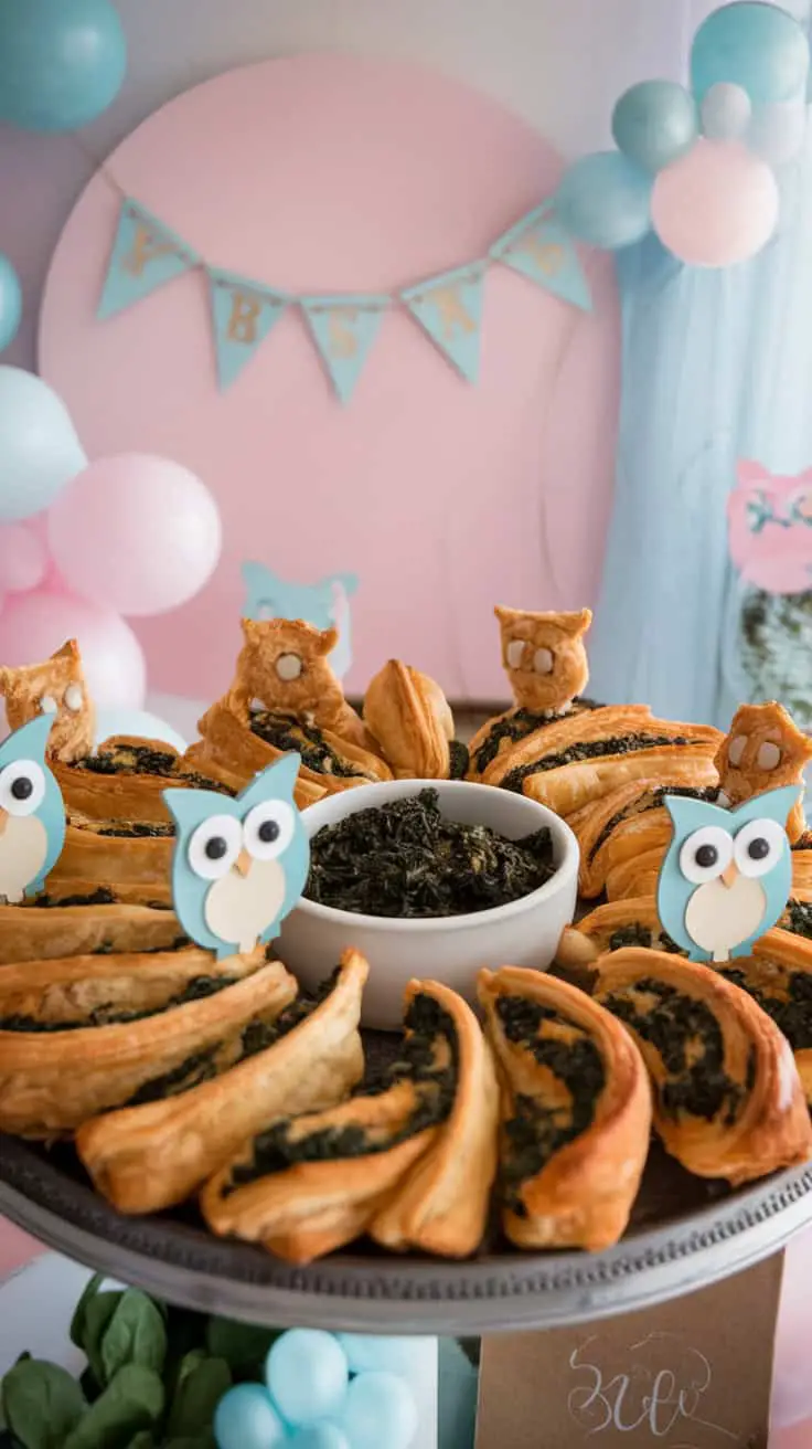 A beautiful platter of Owl's Spinach and Honey Puff Pastry Twists, decorated for a baby shower with balloons and cute owl toppers.