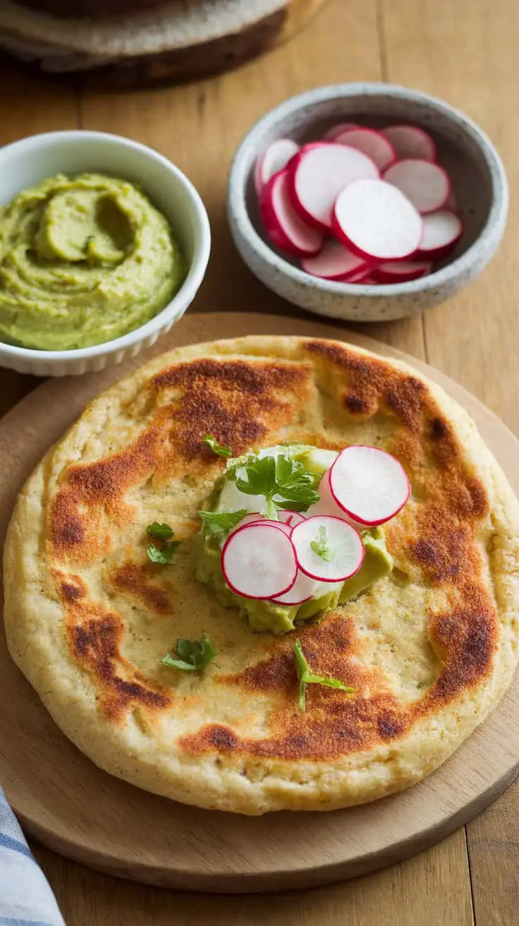 A plate of tapioca flatbread topped with avocado, radish slices, and a green dip