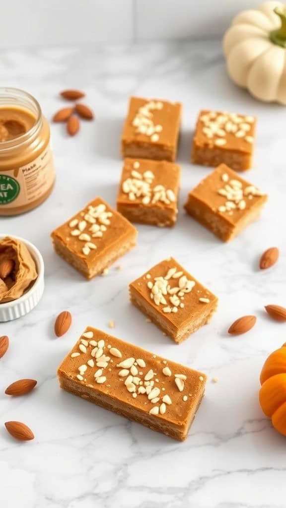 Paleo Pumpkin Almond Butter Bars with almond butter and almonds on a marble background