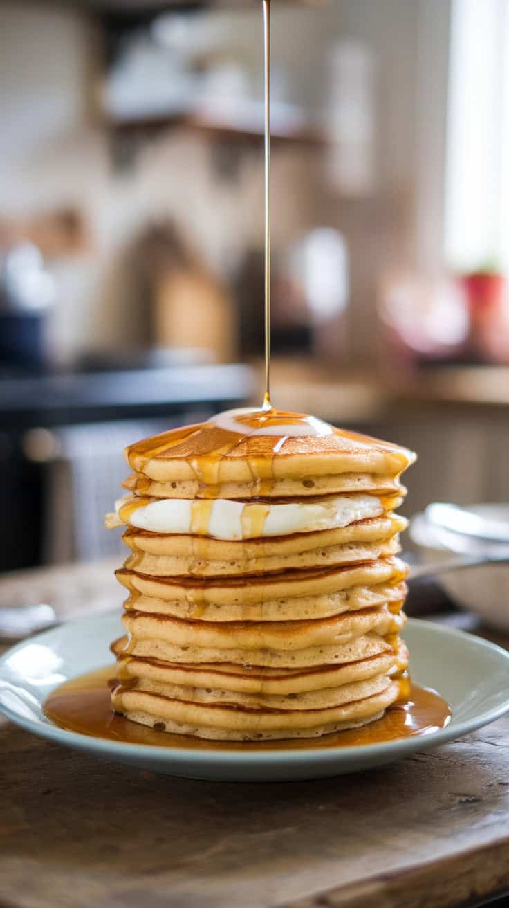 A stack of fluffy pancakes with syrup dripping down, perfect for a breakfast gathering.