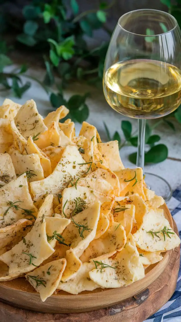 A plate of Parmesan cottage cheese chips topped with Italian herbs, accompanied by a glass of white wine.