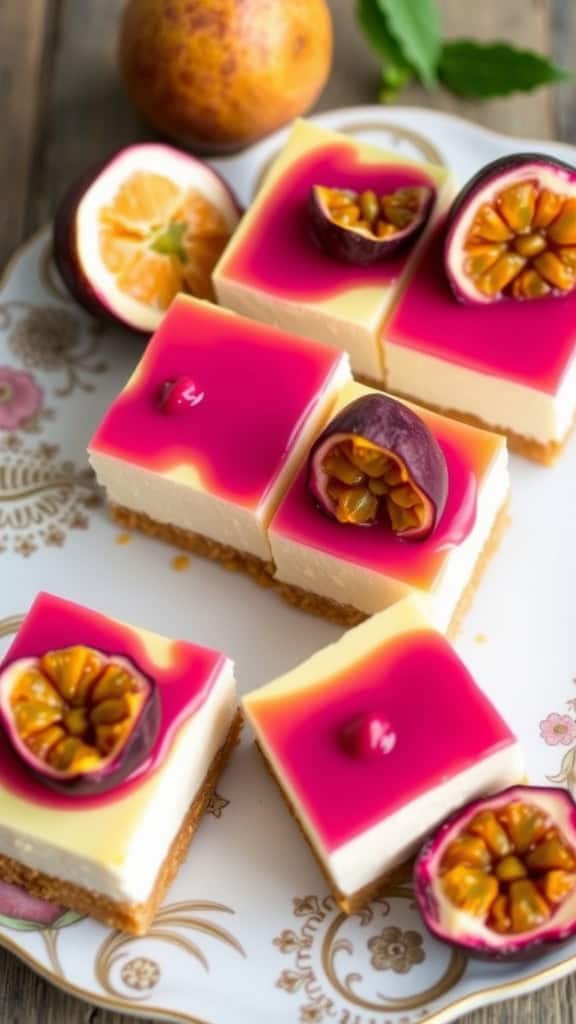 Passion fruit cheesecake bars with vibrant pink topping on a decorative plate