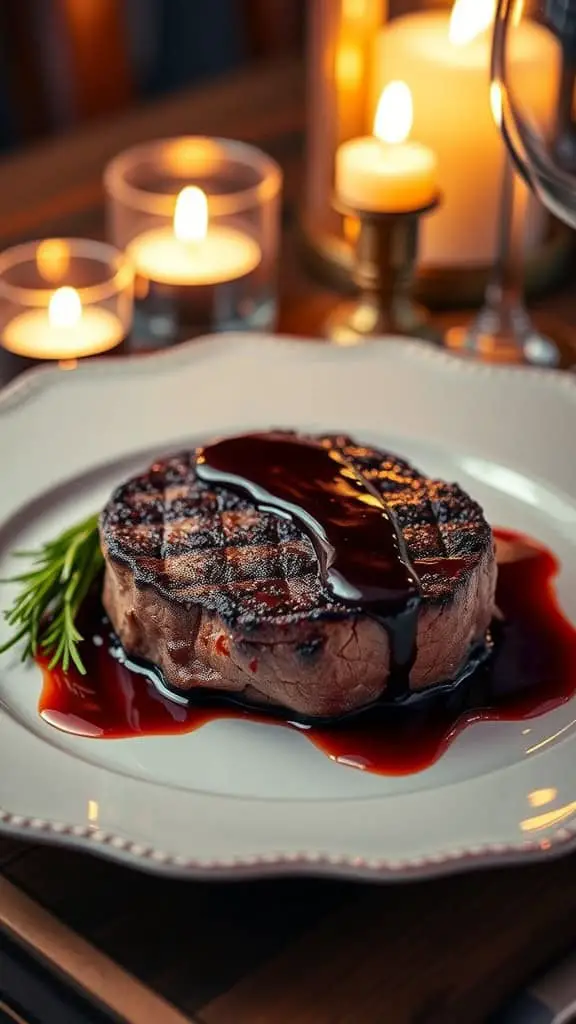 Filet mignon topped with red wine sauce, surrounded by candles on a table