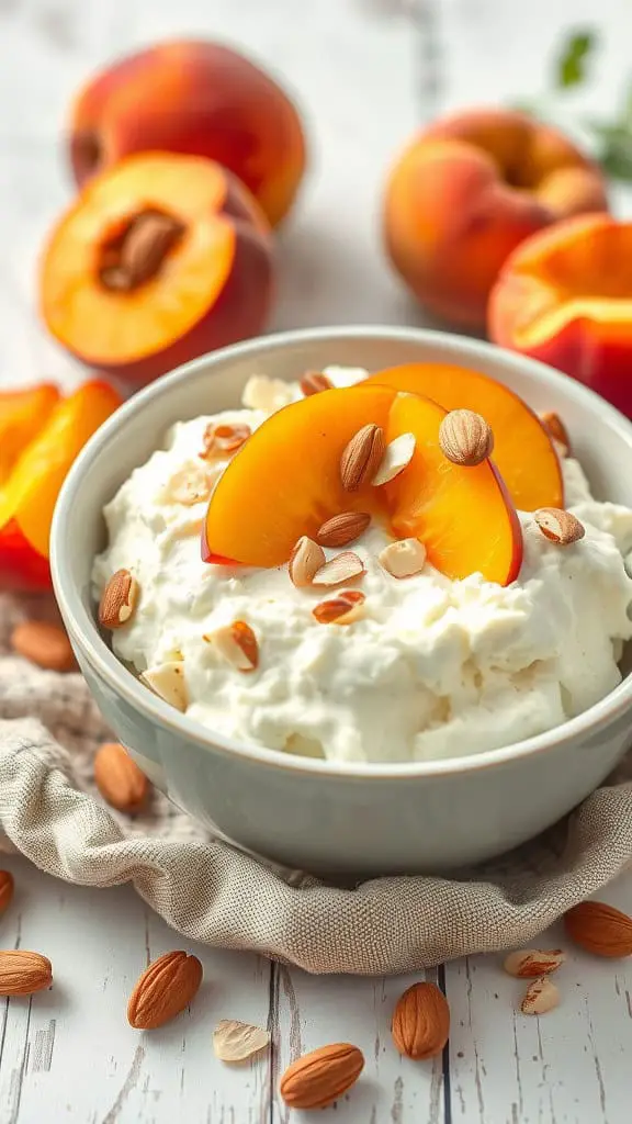 A bowl of cottage cheese topped with peach slices and almonds, with fresh peaches in the background.