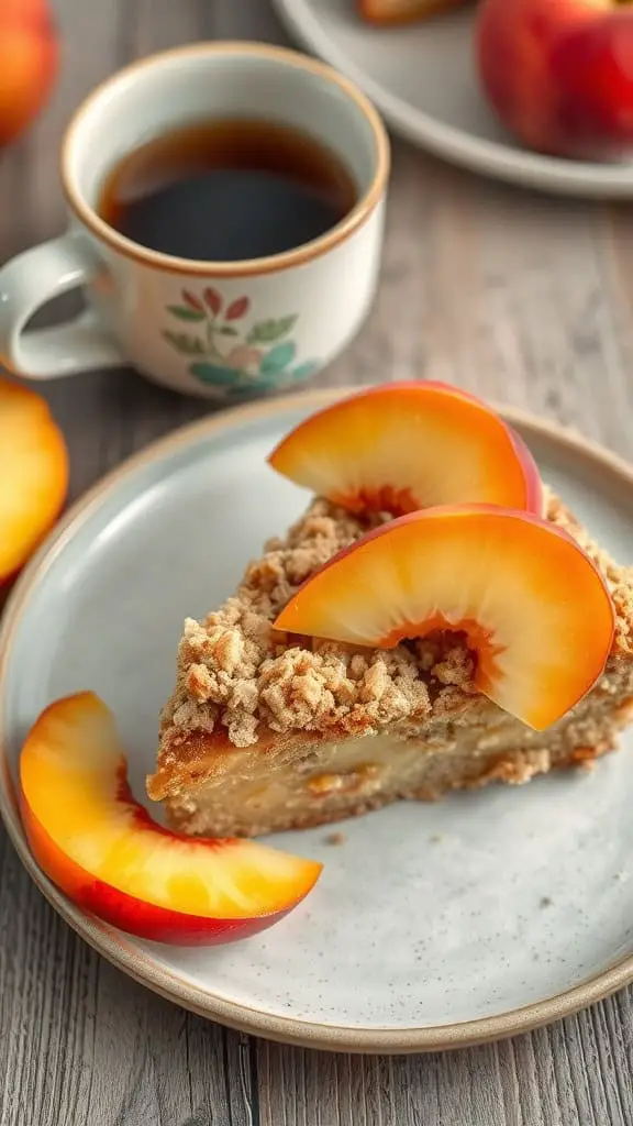 A slice of peach streusel coffee cake topped with peach slices, accompanied by a cup of coffee.