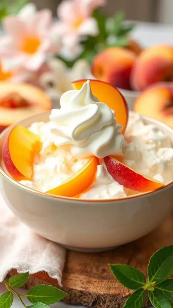 A bowl of Peach Vanilla Jello Fluff topped with peach slices and whipped cream, surrounded by fresh peaches and flowers.