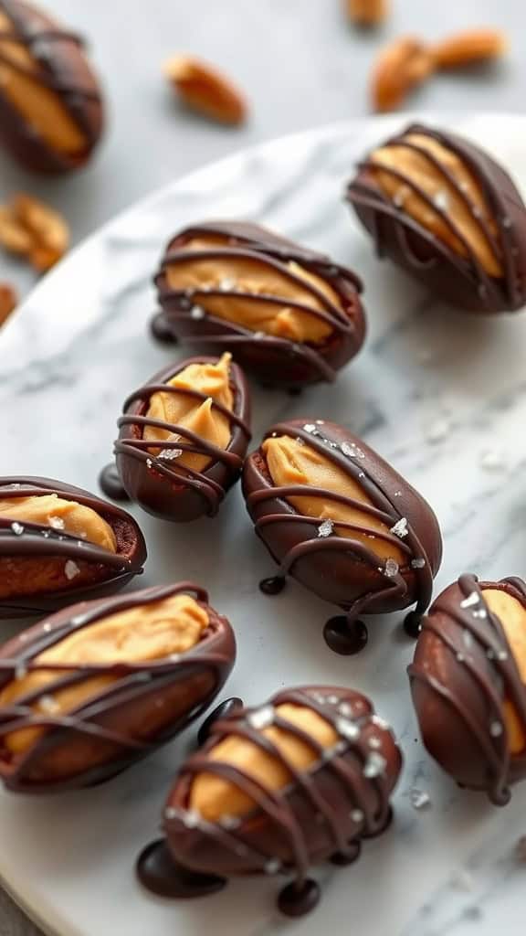 A plate of peanut butter-filled chocolate dates drizzled with chocolate and sprinkled with sea salt.