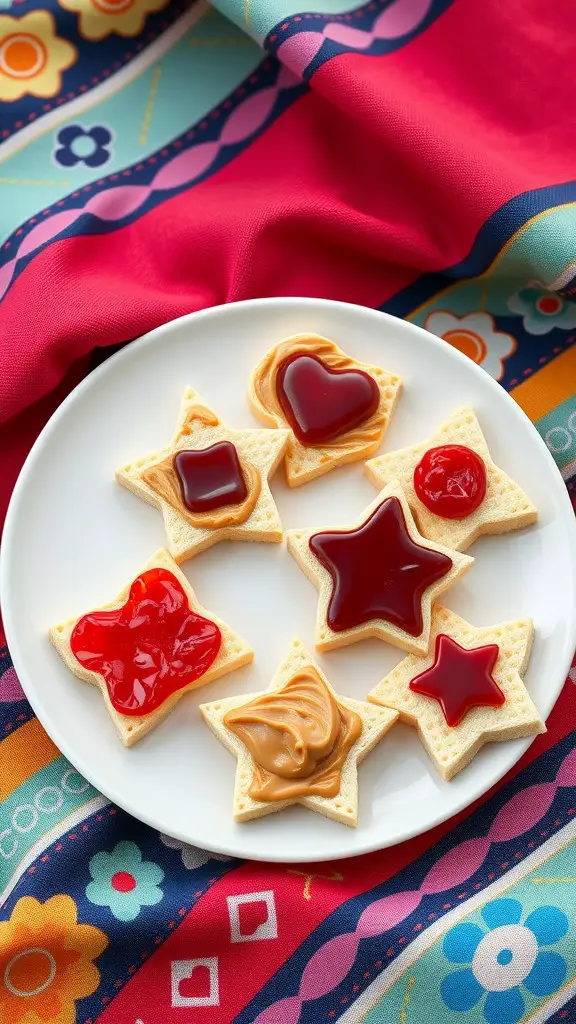 Star and heart shaped peanut butter and jelly bites on a white plate