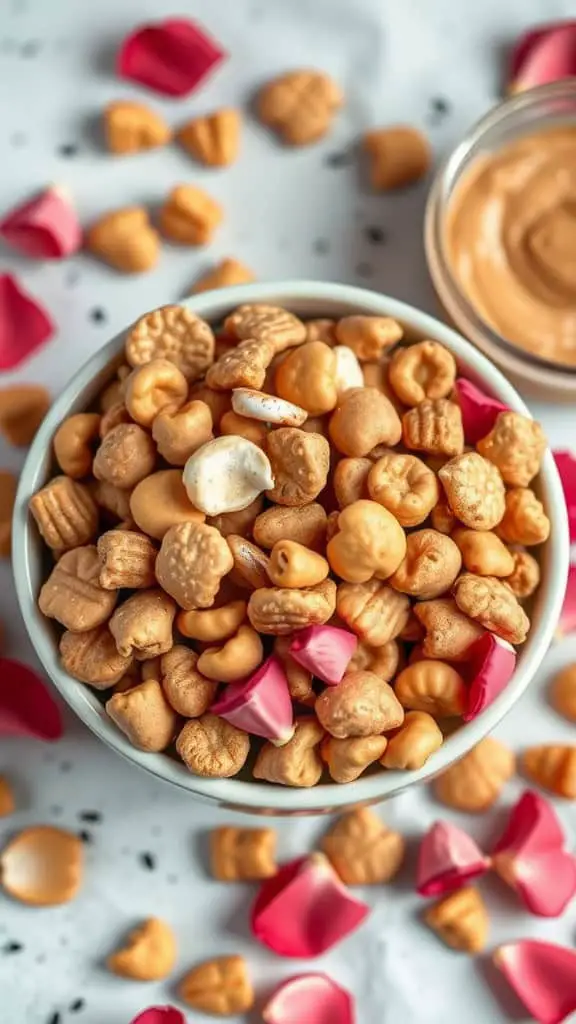 A bowl of Peanut Butter Bliss Mix with crunchy pieces, rose petals, and a jar of peanut butter, showcasing a fun snack idea.