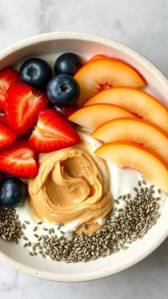 A peanut butter and chia seed cottage cheese power bowl topped with strawberries, blueberries, and peach slices.