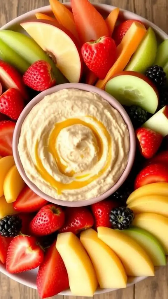 A colorful platter of fresh fruit surrounding a bowl of peanut butter cottage cheese dip.