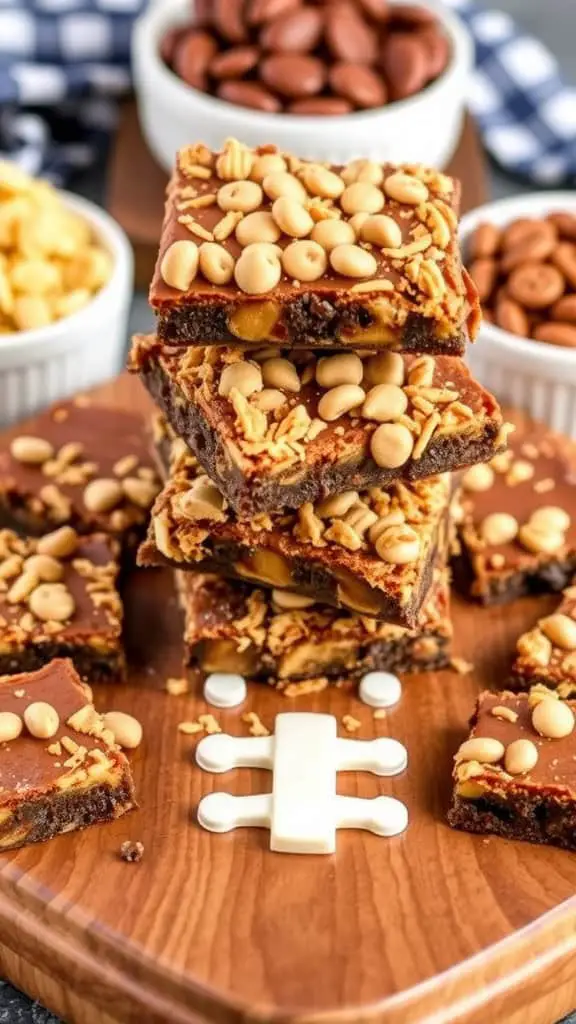 A stack of Peanut Butter Crunch Brownies topped with peanut butter chips, surrounded by bowls of chocolate chips and peanuts.