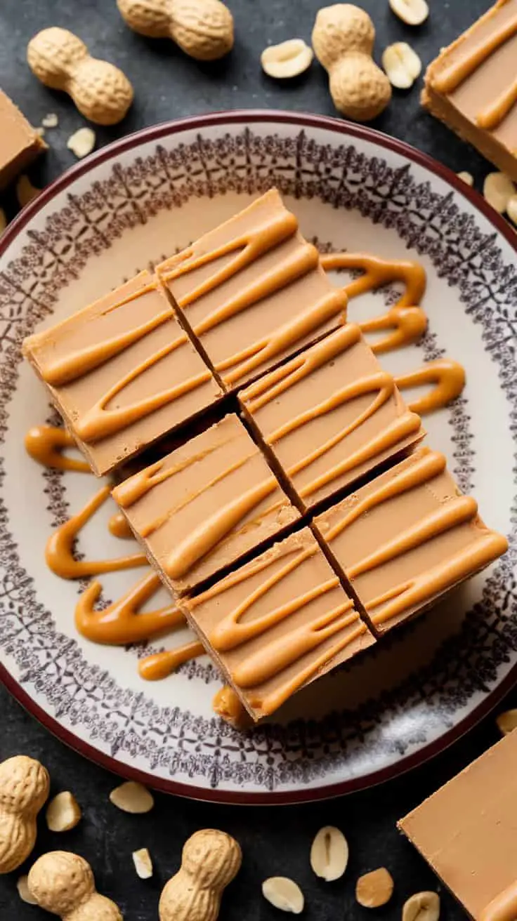 Delicious peanut butter nougat squares topped with a peanut butter drizzle, surrounded by peanuts