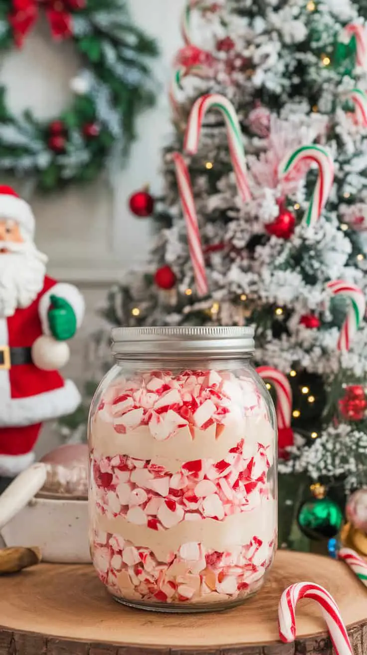 A jar filled with layers of nougat and crushed peppermint candy, with a Christmas tree and Santa figure in the background.