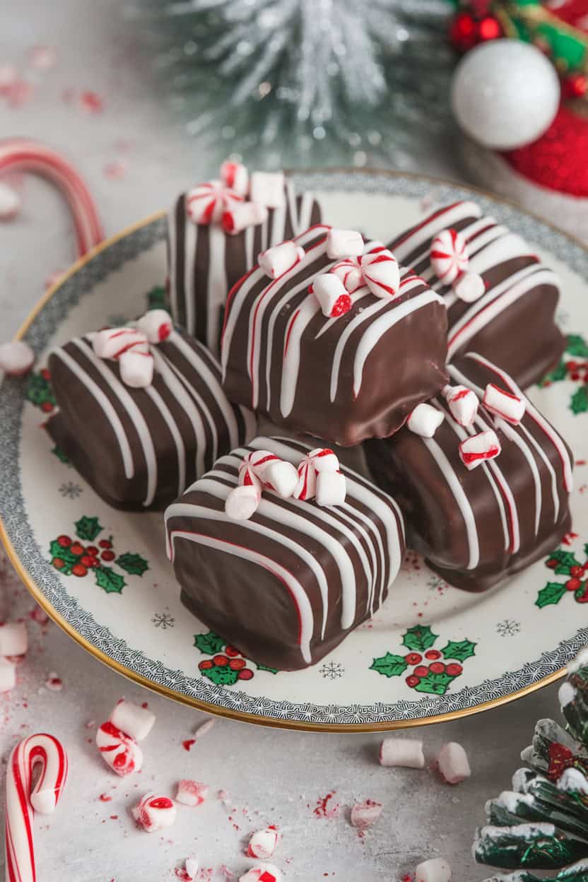 A plate of peppermint chocolate-dipped marshmallows with festive decorations