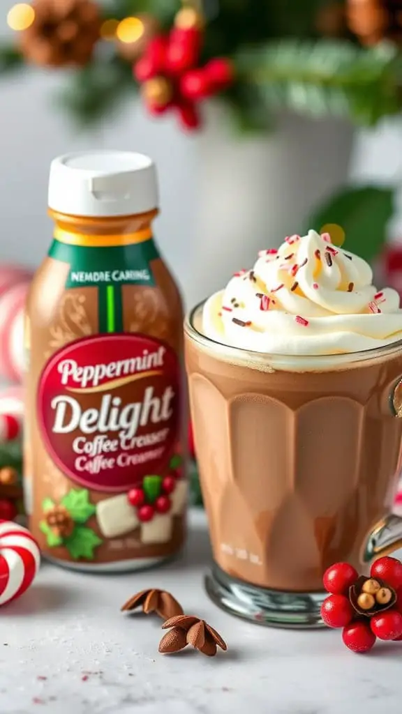 A bottle of Peppermint Delight coffee creamer next to a glass of coffee topped with whipped cream and sprinkles, with festive decorations in the background.