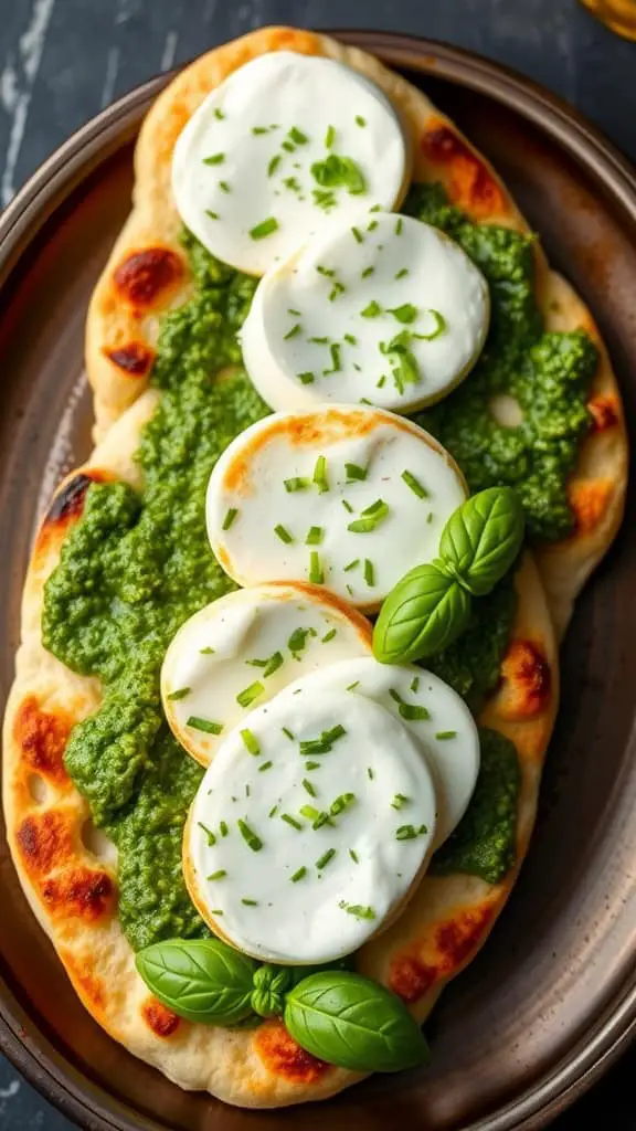 Naan bread topped with pesto, cheese, and fresh basil, served on a plate.