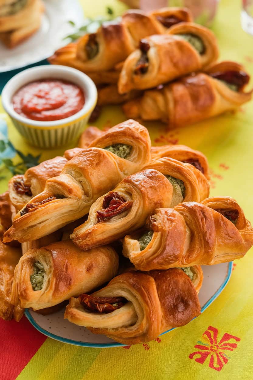 A plate of pesto and sundried tomato puff pastry twists next to a bowl of marinara sauce on a colorful tablecloth.