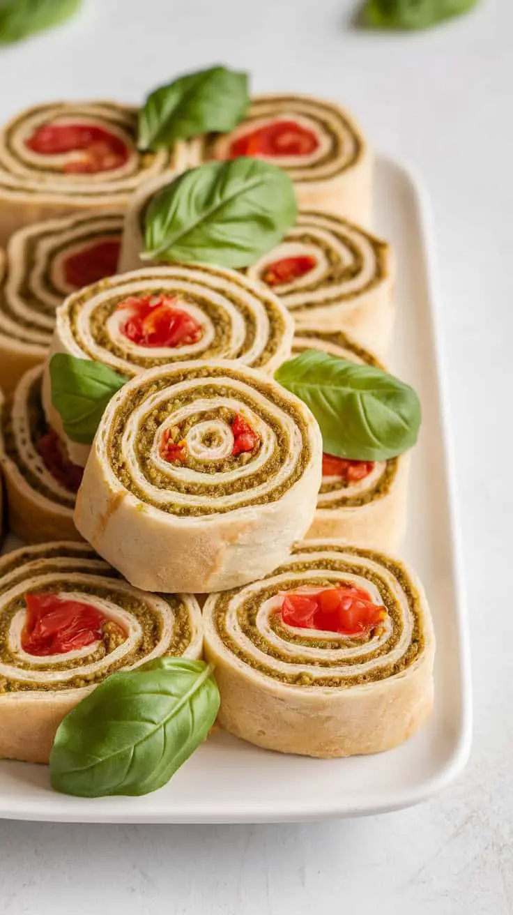 A plate of pesto and tomato basil pinwheels, beautifully arranged and garnished with fresh basil leaves.