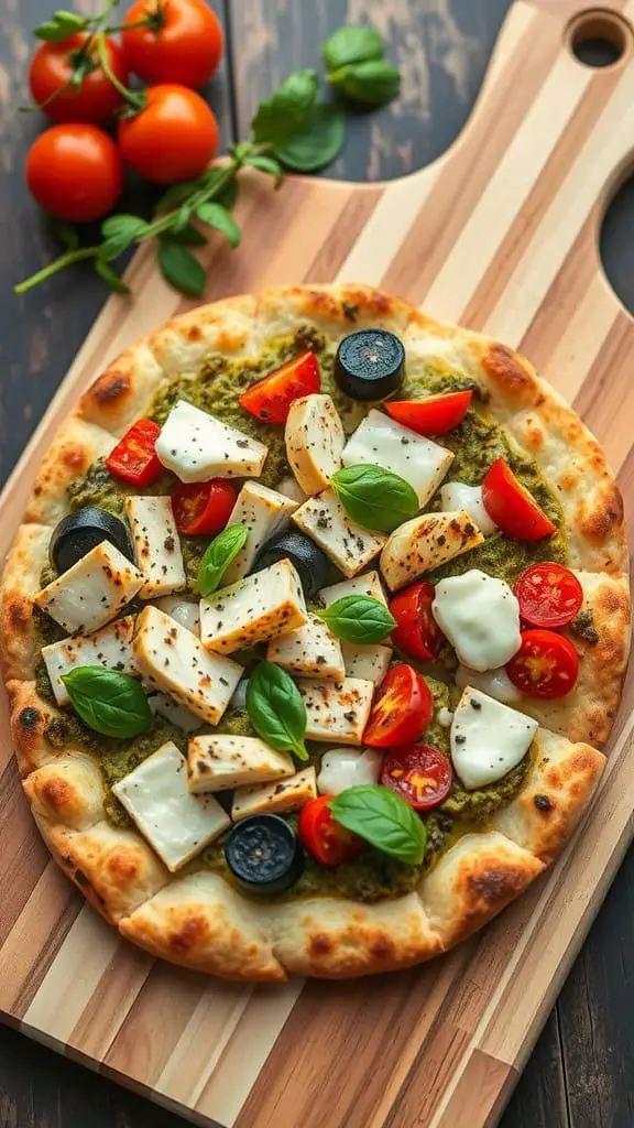 A delicious pesto chicken pita pizza topped with grilled chicken, tomatoes, mozzarella, olives, and basil, served on a wooden cutting board.