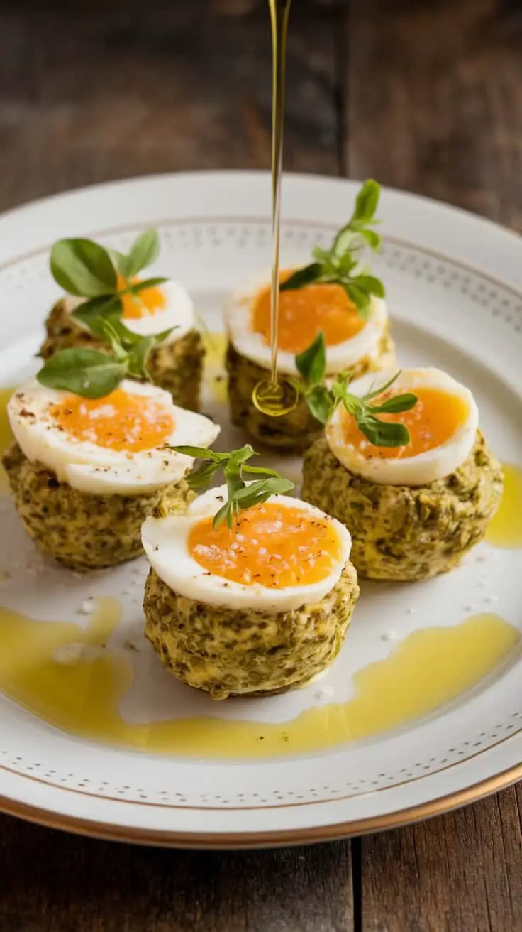 Five pesto parmesan egg bites topped with soft-boiled eggs and a drizzle of olive oil on a plate.