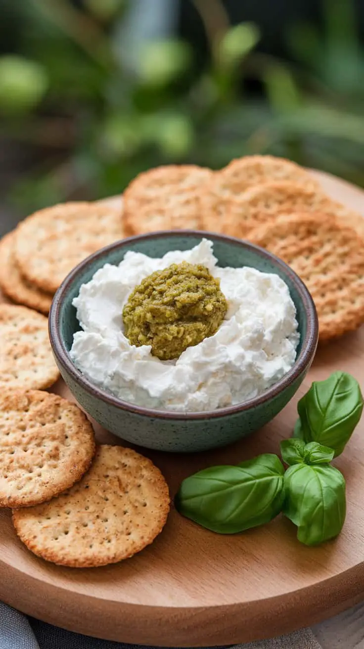 A bowl of ricotta topped with pesto and whole-grain crackers on a wooden platter, garnished with fresh basil leaves.