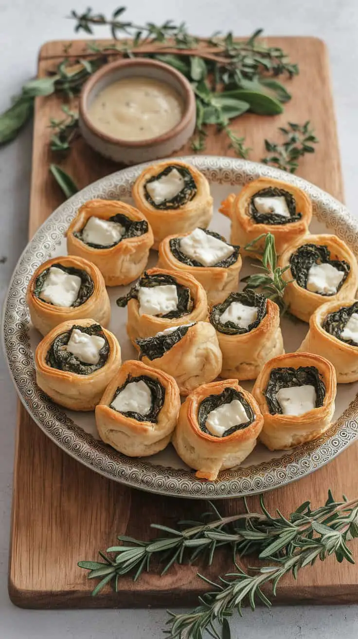 A platter of golden puff pastries filled with spinach and topped with feta, served with a small bowl of dipping sauce and garnished with herbs.