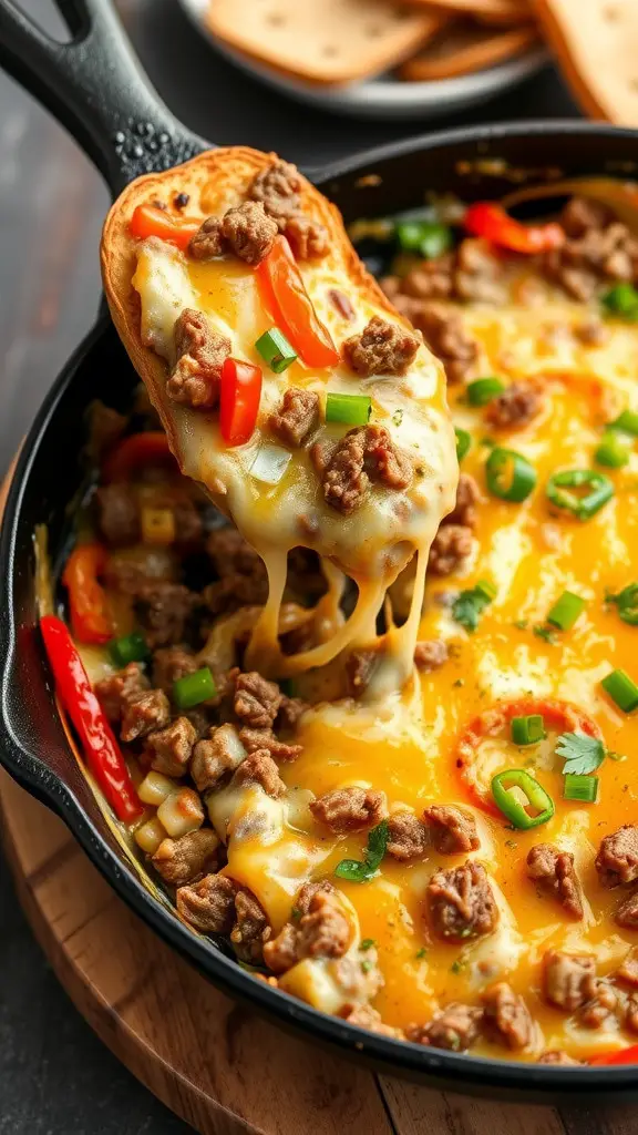 A cheesy skillet dip with ground beef and peppers being served with a cracker.