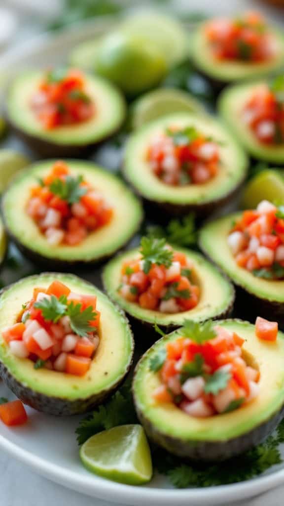 Avocado halves filled with pico de gallo on a decorative plate with lime wedges.