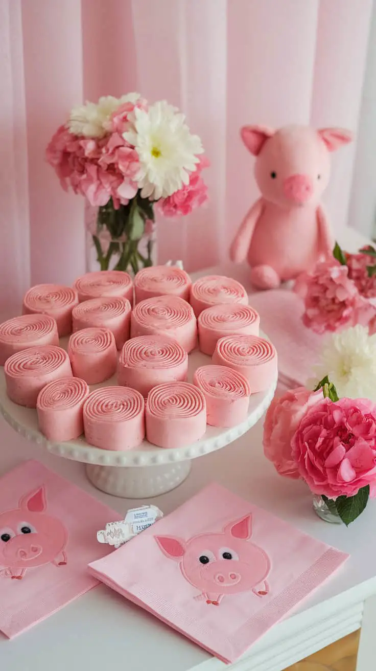 Pink strawberry cream cheese pinwheels arranged on a white cake stand surrounded by flowers and pig-themed decorations.