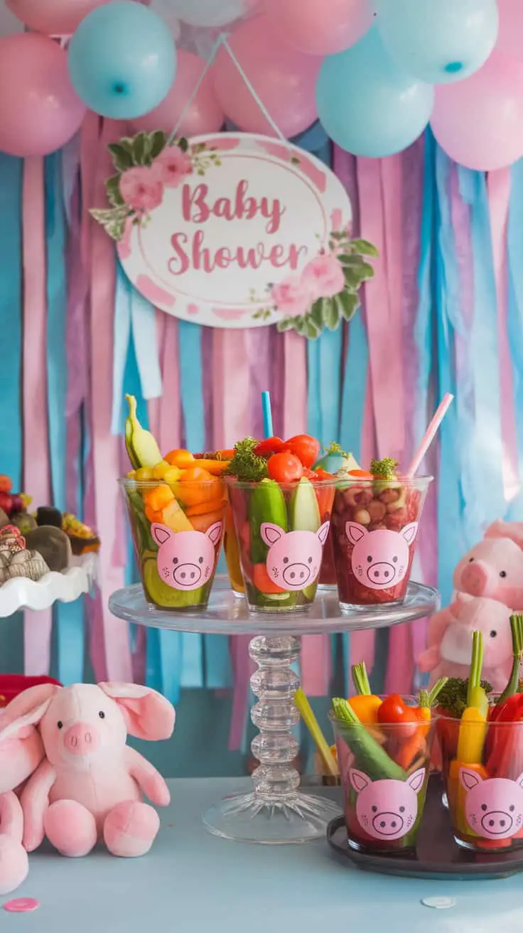 Colorful veggie cup shooters for a baby shower with piglet designs