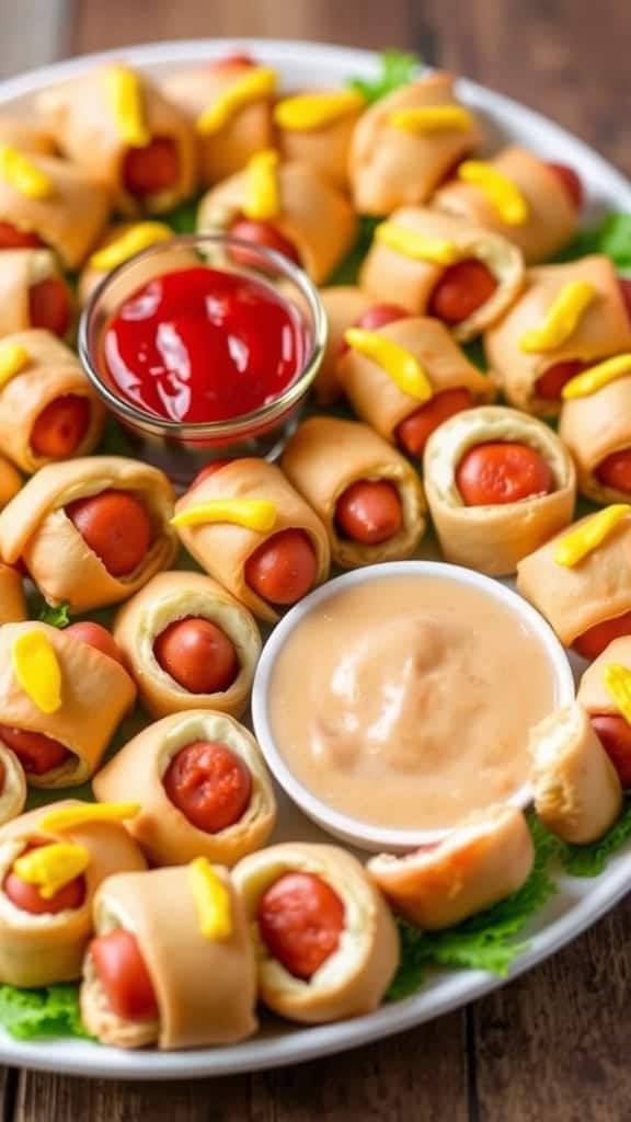 A platter of pigs in a blanket with dipping sauces, perfect for a football party.