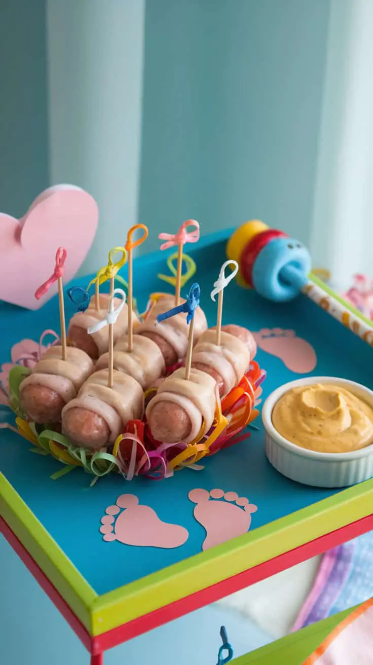 A colorful platter of pigs in a blanket with a mustard dip on a bright table.