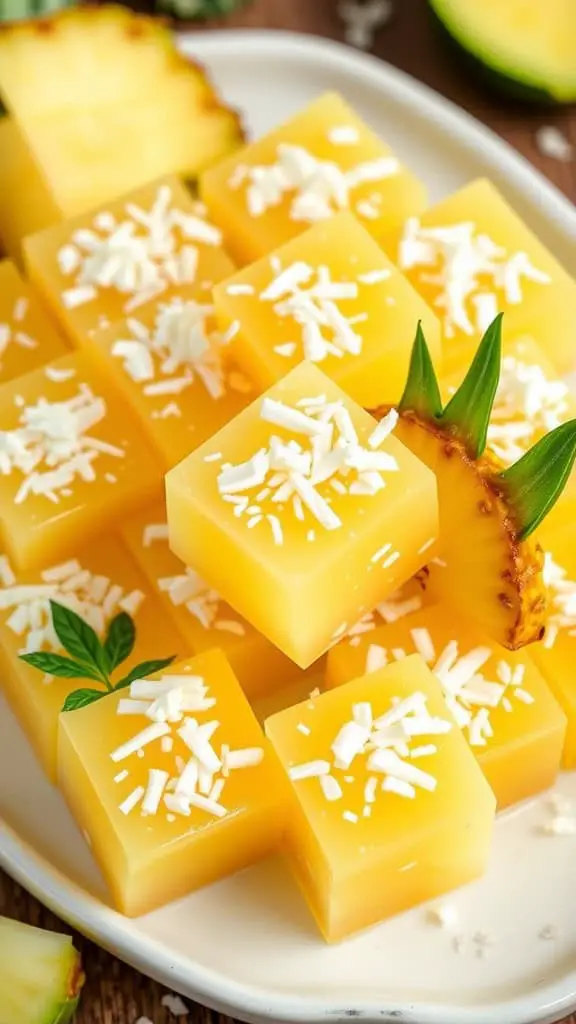 Delicious Pina Colada Jello cubes topped with shredded coconut and garnished with pineapple.