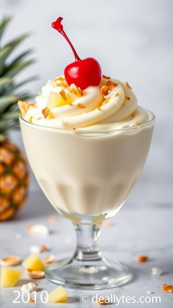 A bowl of Pineapple Coconut Jello Mousse topped with whipped cream, a cherry, and toasted coconut.