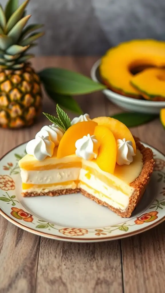 A slice of Pineapple Mango Jello Cream Pie with whipped cream and fruit on top, next to a whole pineapple.