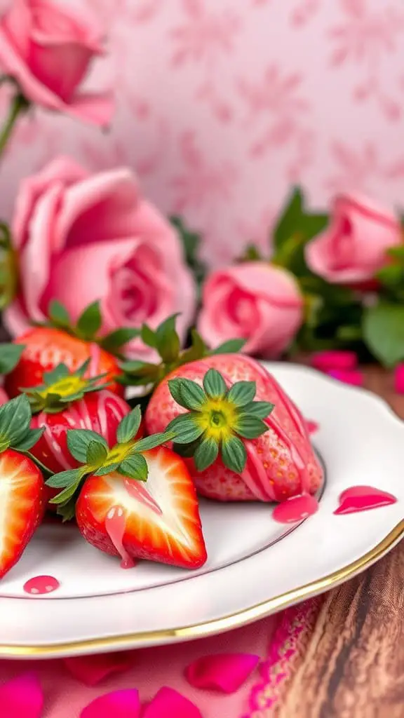 A plate of pink and red drizzle strawberries surrounded by pink roses, perfect for Valentine's Day.