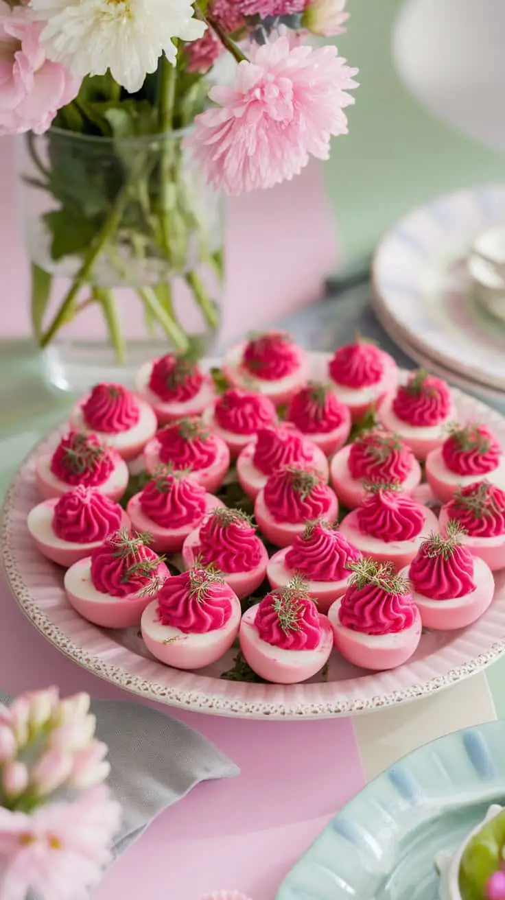 A plate of pink deviled eggs with beet-dyed whites, topped with fluffy pink filling and garnished with dill, surrounded by flowers.