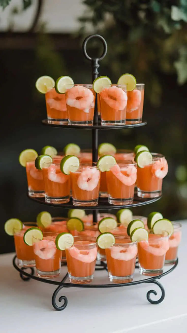 A tiered display of shrimp cocktail shots garnished with lime slices