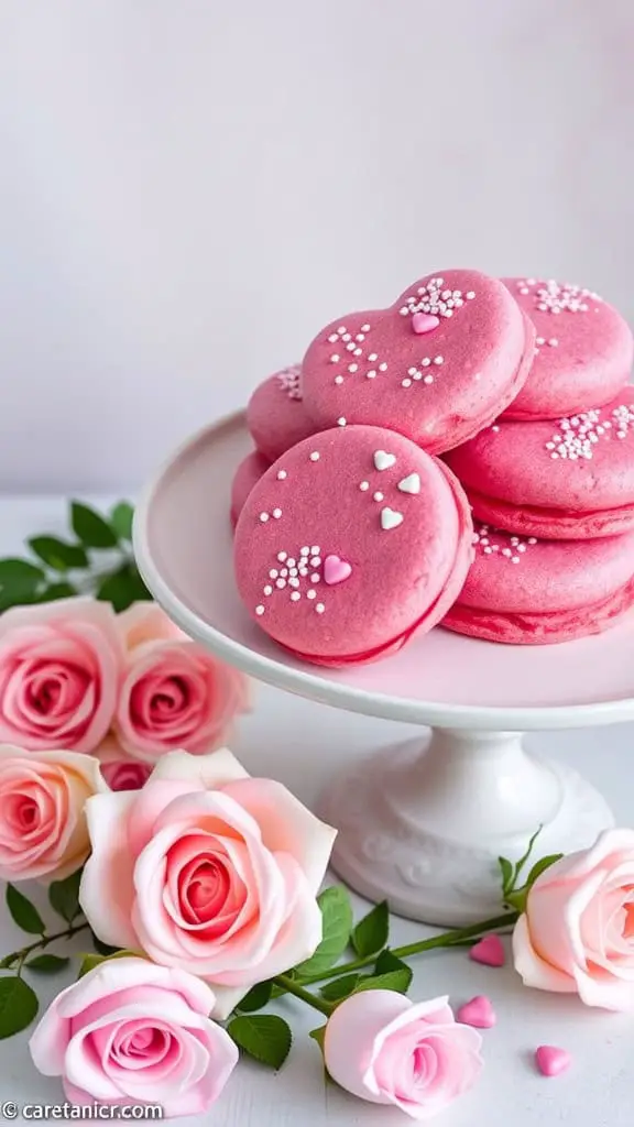 A plate of pink velvet sugar round cookies decorated with heart-shaped sprinkles and surrounded by pink roses.