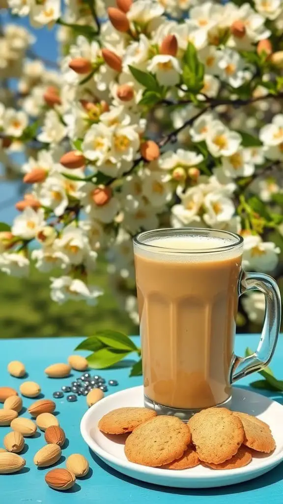 A glass of creamy coffee with pistachio and almond flavors, surrounded by flowers and cookies.