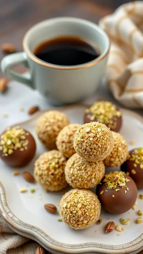 A plate of pistachio coffee truffles with a cup of coffee in the background.