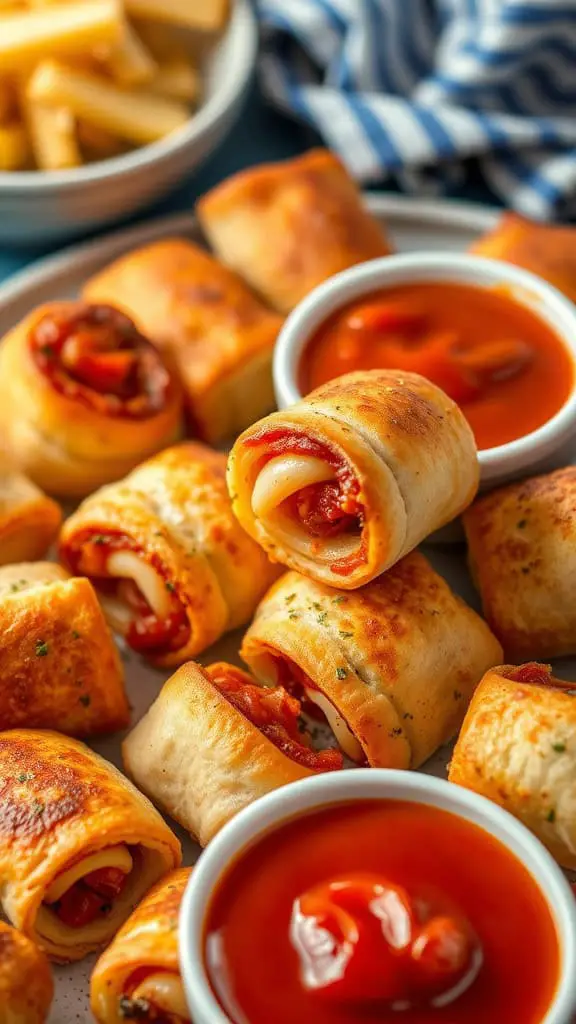 A close-up of delicious pizza rolls with marinara sauce and cheese, perfect for game day.