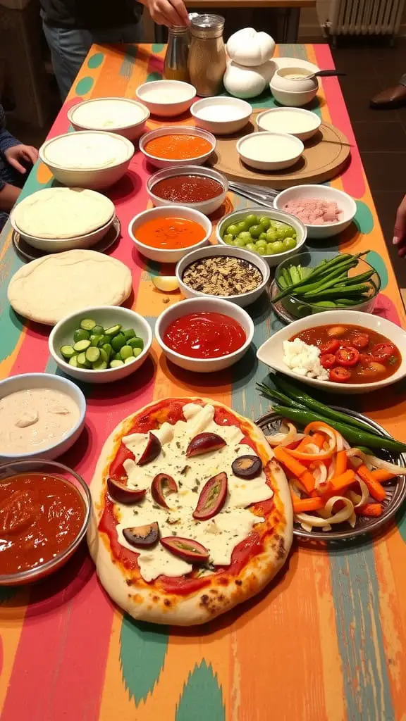 A colorful pizza topping bar with various ingredients laid out for customization.