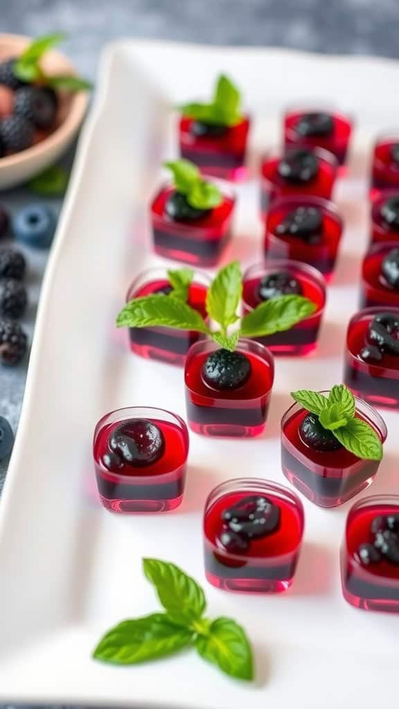 A plate of colorful Pomegranate Blackberry Jello Bites garnished with mint leaves and topped with blackberries.