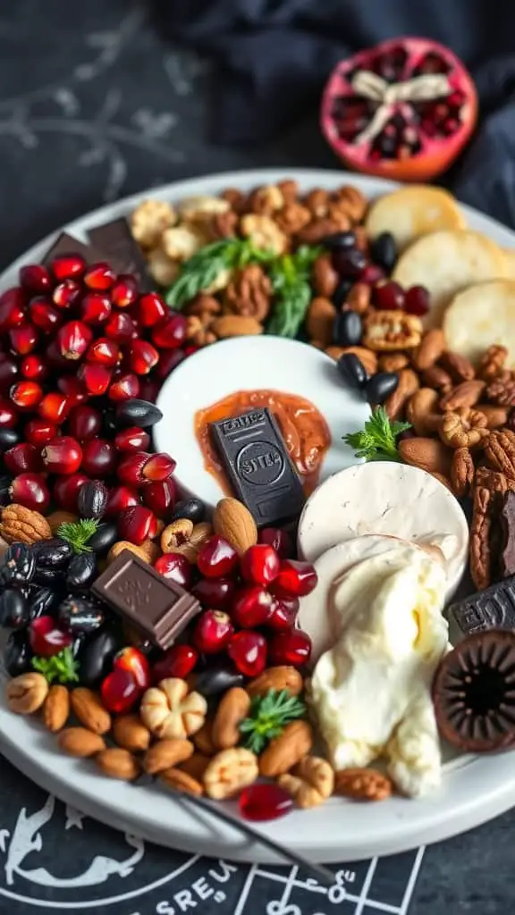 A colorful charcuterie board featuring pomegranates, chocolates, nuts, and cheeses, perfect for parties.