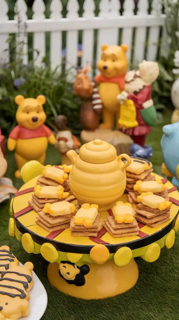 A colorful dessert table featuring honeycomb crackers with cheese shaped like bears, a honey pot, and decorations from Winnie The Pooh.